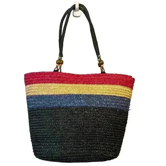 Multicolor Straw Tote Handbag w/ Wooden Beads - Picture 5 of 6